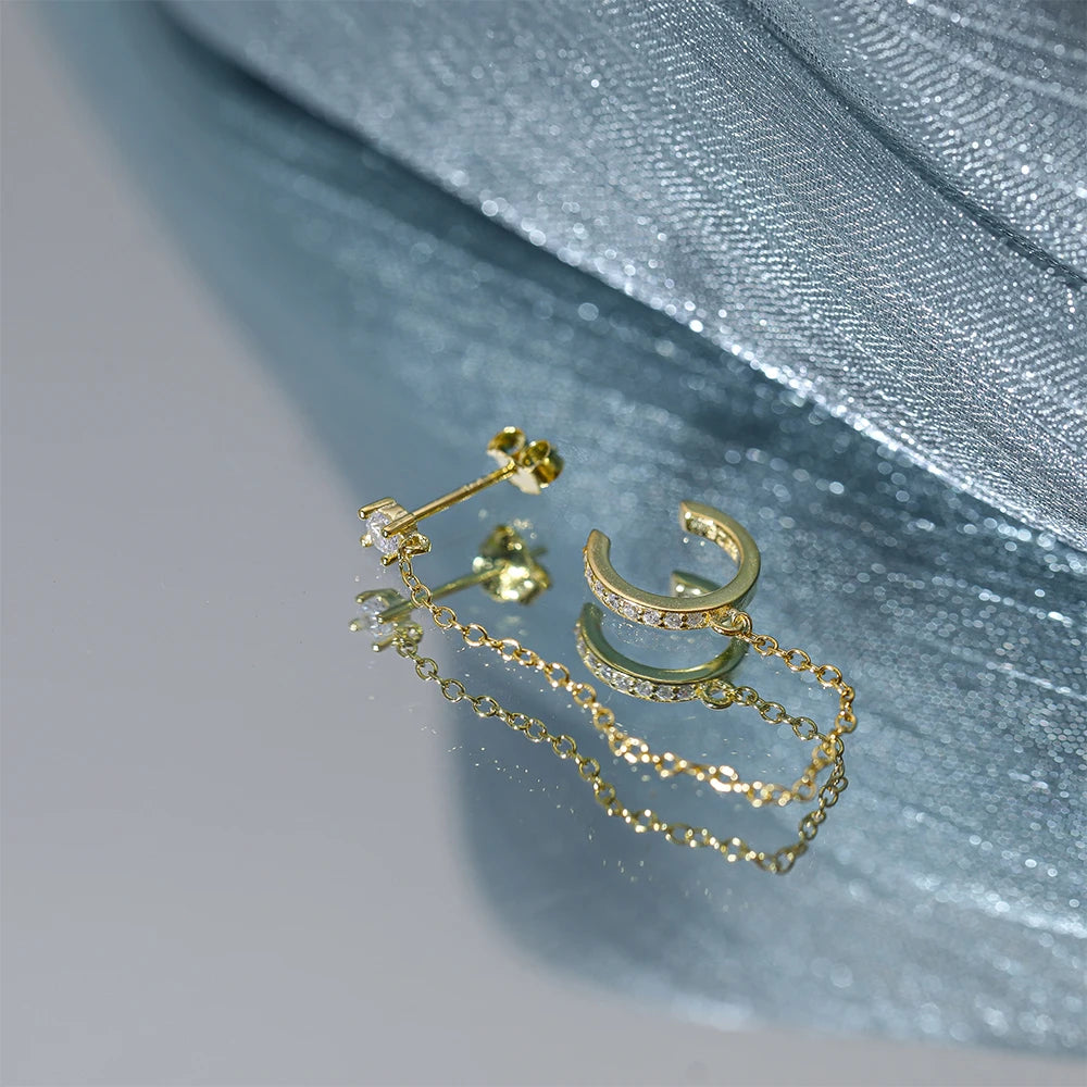Aide 1pc 925 Sterling Silver Shimmering Clear CZ Zircon Ear Cuff With Chain Tassel Stud For Women Gift Cartilage Clip Earrings