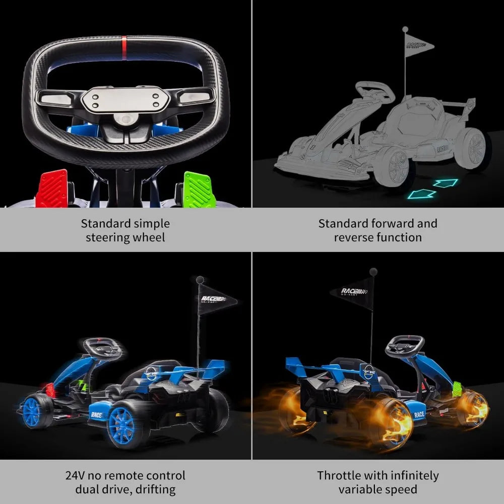 Electric drifting kart with adjustable seats and 24V outdoor riding toy with variable speed mode, suitable for children aged 6+