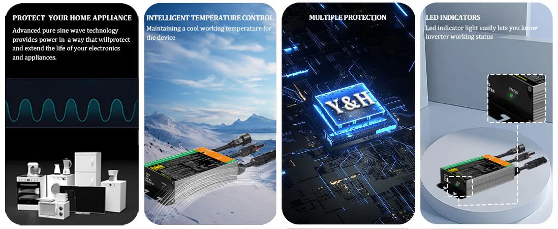 Y&H Grid Tie Inverter 300W 350W 500W 600W 700W MPPT Micro Inverter Solar PV Grid Tie System for Home DC18-50V Output AC110V/240V
