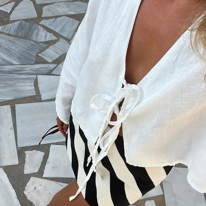 Fashion V-neck Lace-up White Shirt Women Blouses Casual Long-sleeved Loose Tops 2024 Spring Female Chic Office Ladies Outwear