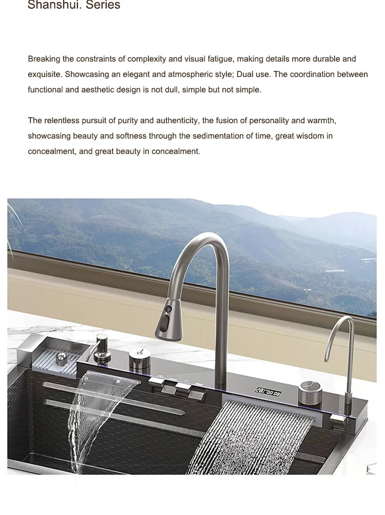 Waterfall Kitchen Sink Stainless Steel Extra Large Single Slot Cup Washer Embossed Digital Display Multifunctional Sinks