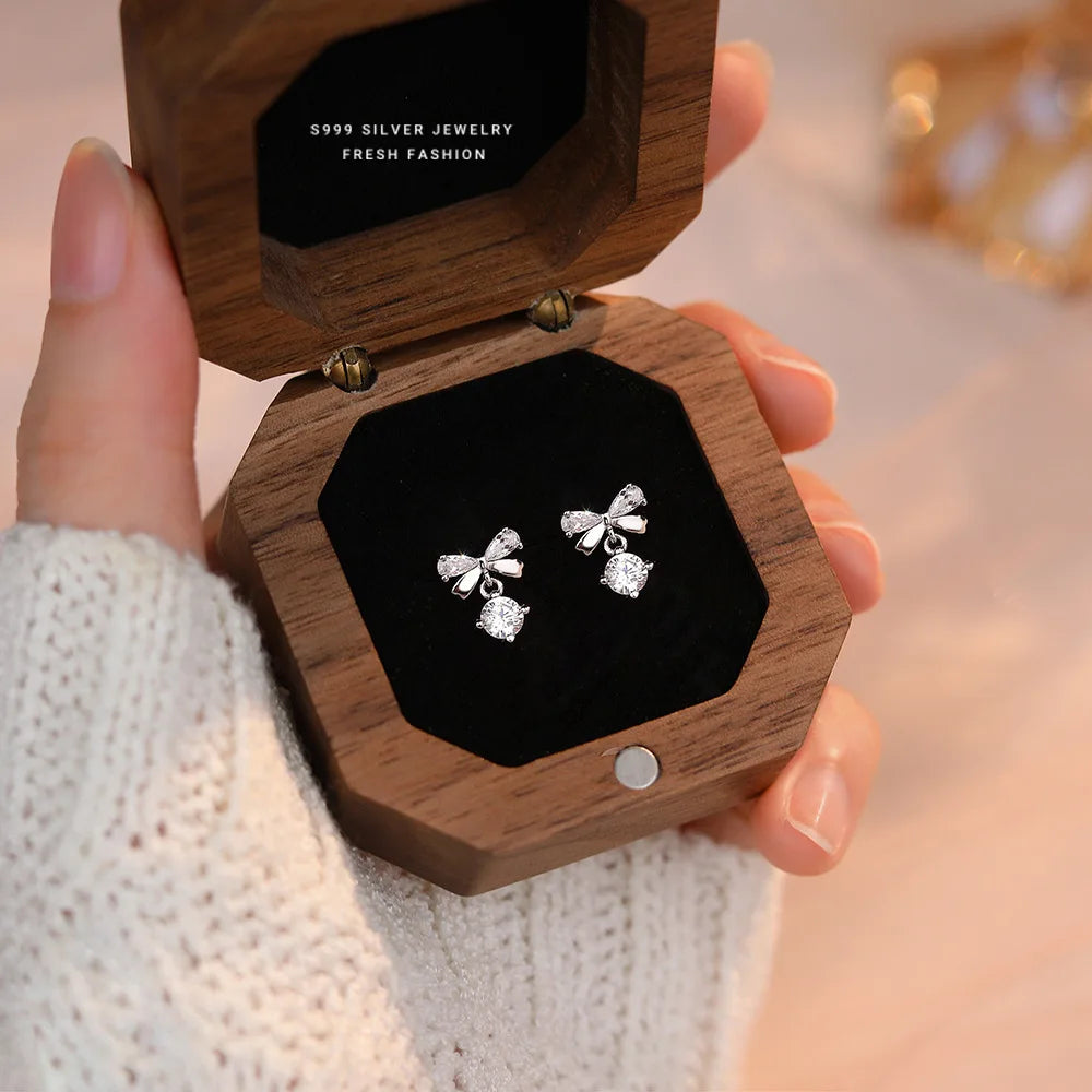 Real 925 Sterling Silver Fashion Romantic Delicate Zircon Bow Stud Earrings For Women Wedding Fine Jewelry