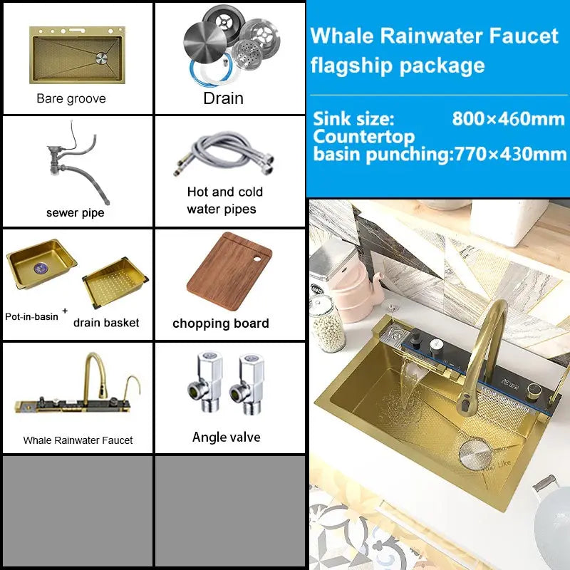 Waterfall Kitchen Sink Stainless Steel Extra Large Single Slot Cup Washer Embossed Digital Display Multifunctional Sinks