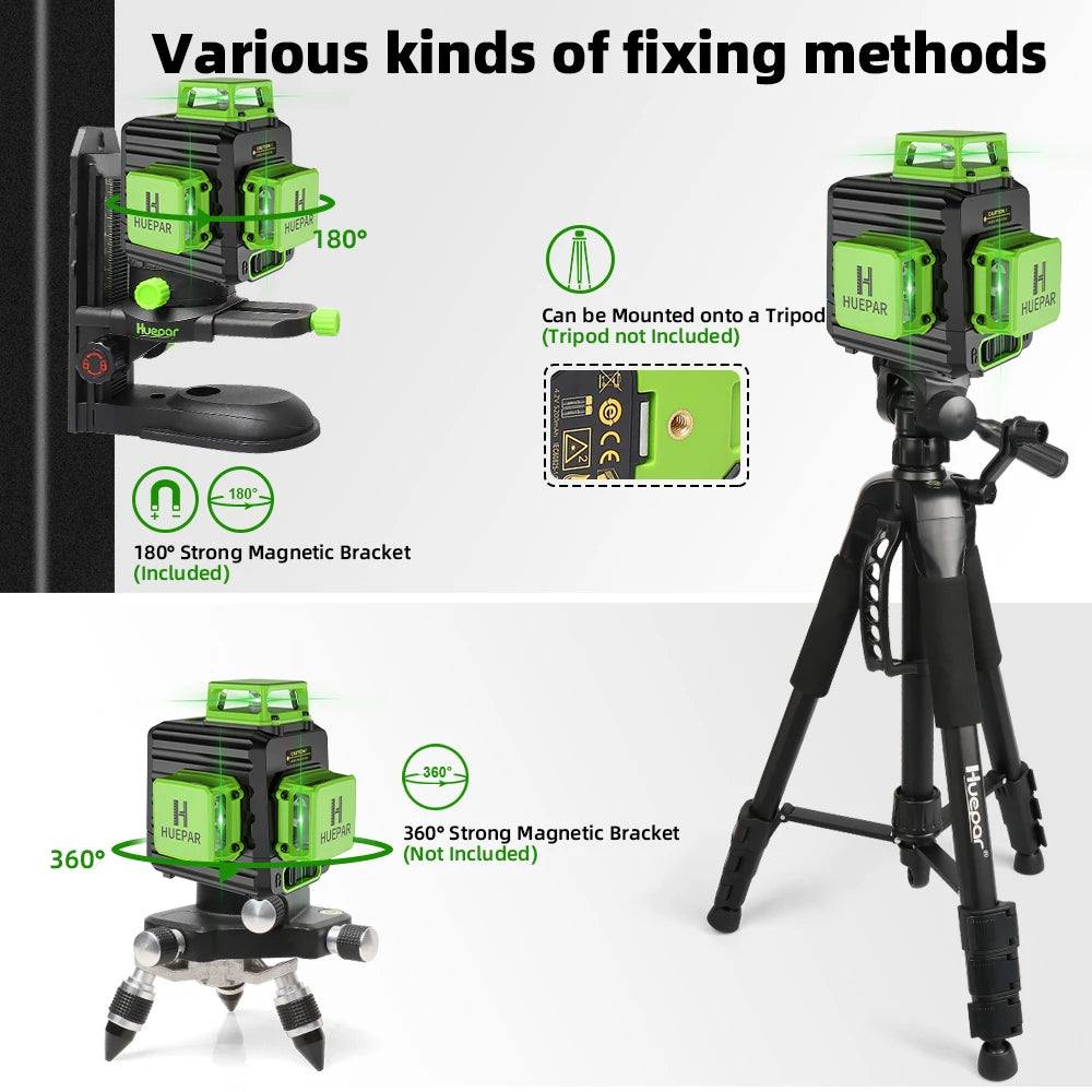 Huepar 12 Lines 3D Green Laser Level Horizontal And Vertical Cross Lines Auto Self-Leveling With Hard Case, Indoors and Outdoors