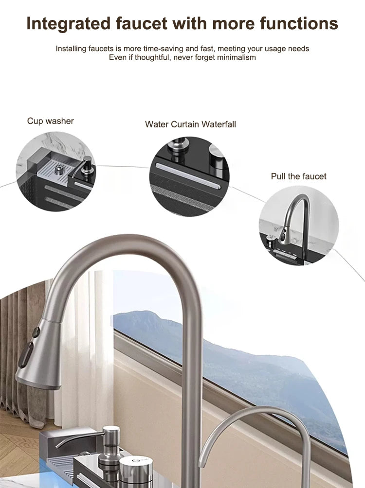 Waterfall Kitchen Sink Stainless Steel Extra Large Single Slot Cup Washer Embossed Digital Display Multifunctional Sinks