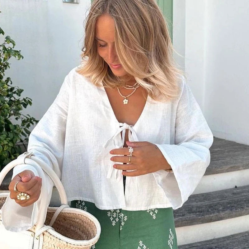 Fashion V-neck Lace-up White Shirt Women Blouses Casual Long-sleeved Loose Tops 2024 Spring Female Chic Office Ladies Outwear