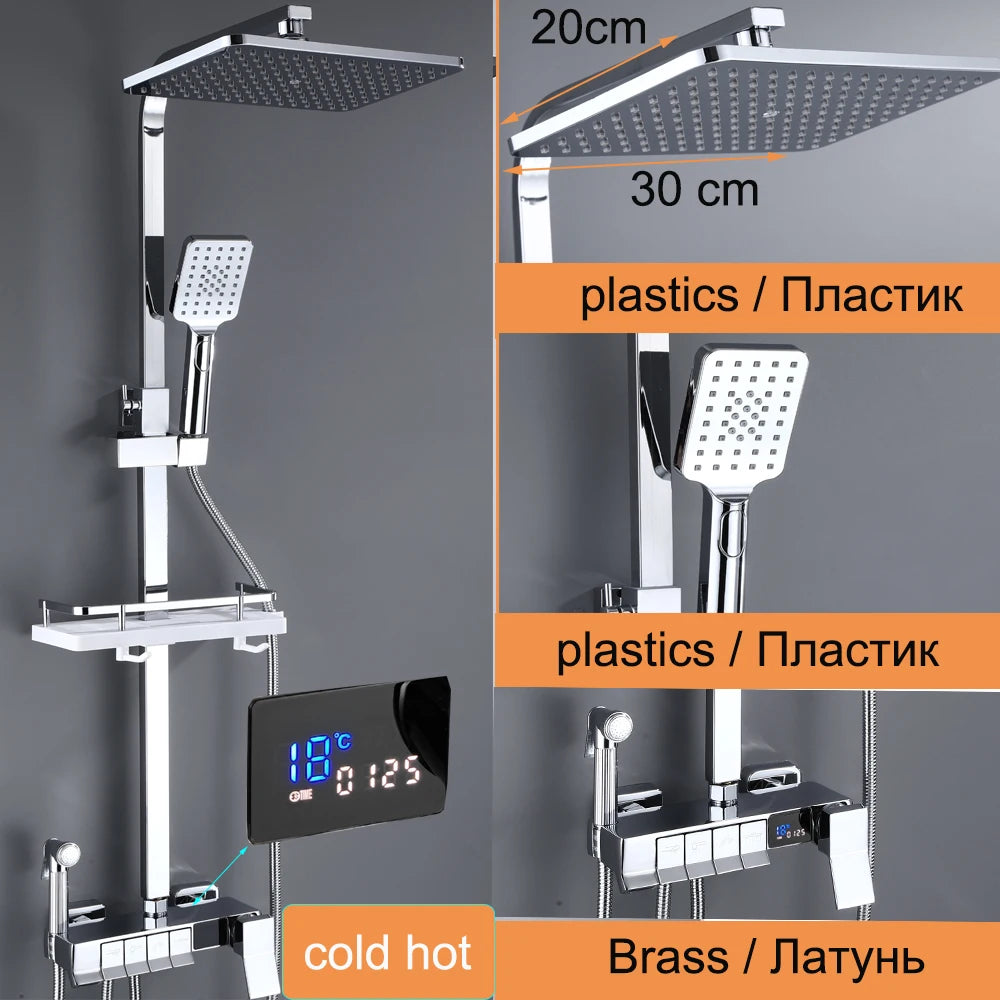 Display Thermostatic Shower Faucet Set Piano Butto Rainfall Bathtub Tap With Bathroom Shelf Water Flow Produces Electricity
