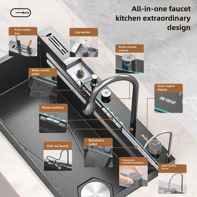 Waterfall Kitchen Sink Stainless Steel Extra Large Single Slot Cup Washer Embossed Digital Display Multifunctional Sinks