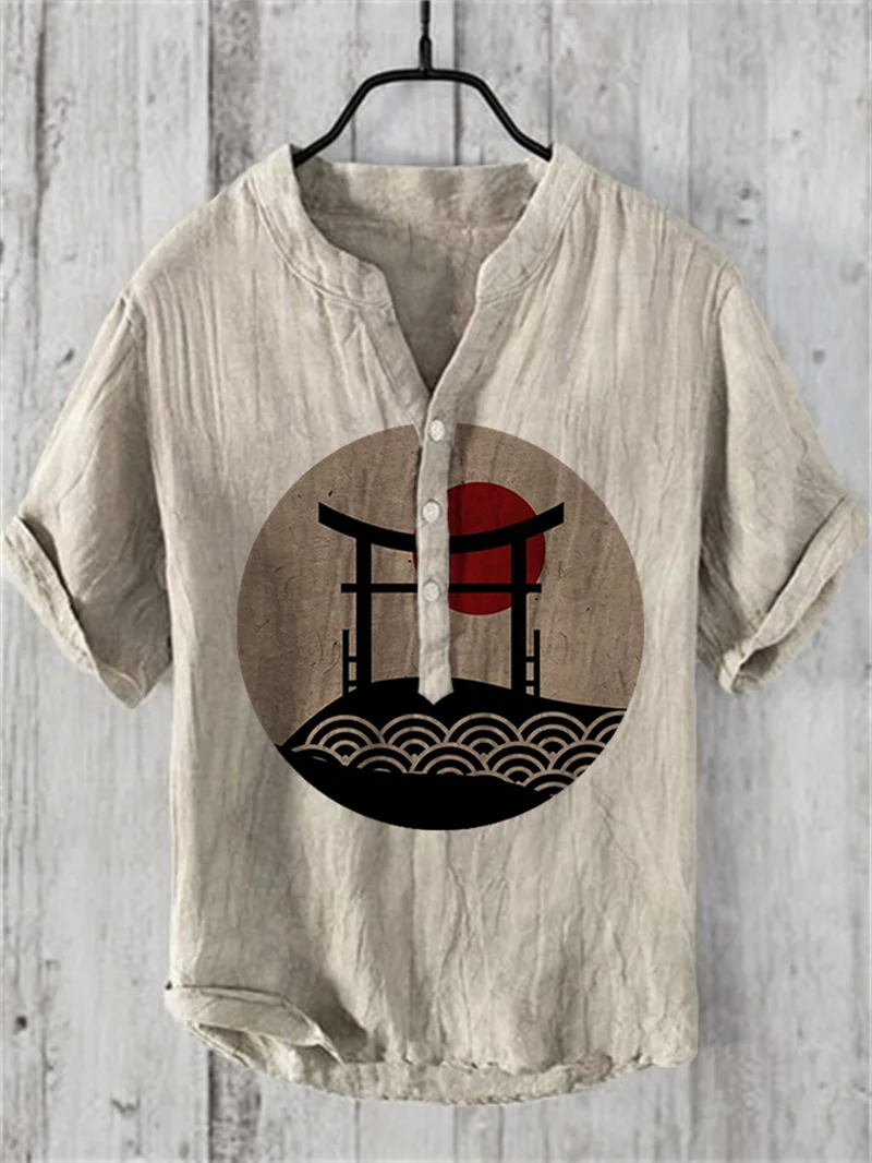 Henry Shirt Retro Fashion Trend Button Cardigan Shirt Men's Summer V-Neck Shirt 3D Printed Men's Short Sleeve Top