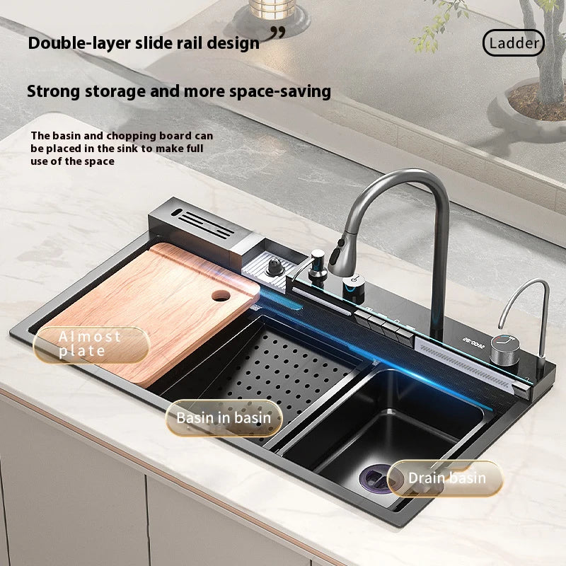 Waterfall Kitchen Sink Stainless Steel Extra Large Single Slot Cup Washer Embossed Digital Display Multifunctional Sinks