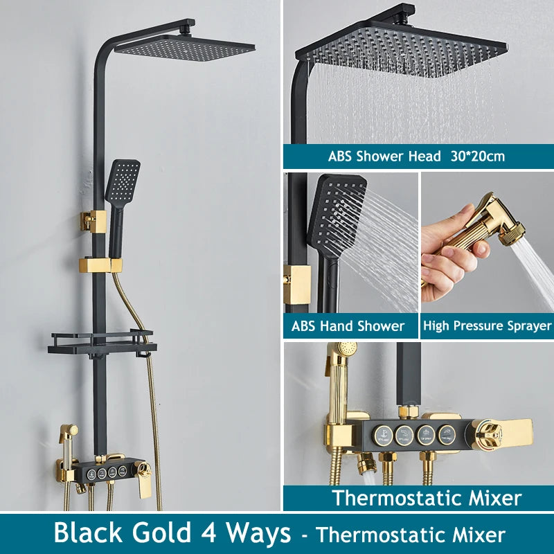 Shinesia Thermostatic Shower System Set Digital Display Rainfall Shower Faucet Mixer Bathroom Bathtub Tap With Shelf White/Black