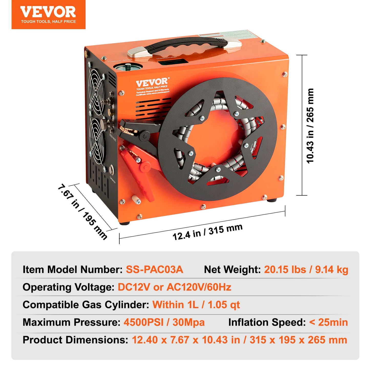 VEVOR PCP Air Compressor 4500PSI/30Mpa Portable PCP Airgun Compressor Water-Free Air Rifle Paintball Scuba Tank Compressor Pump