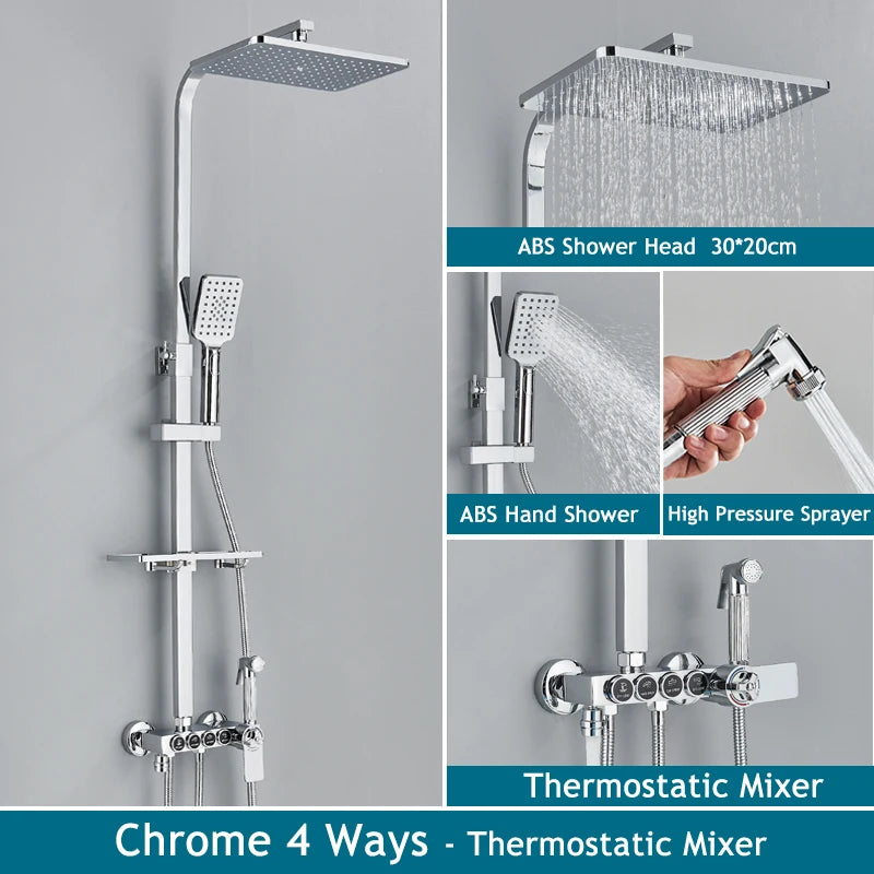 Shinesia Thermostatic Shower System Set Digital Display Rainfall Shower Faucet Mixer Bathroom Bathtub Tap With Shelf White/Black