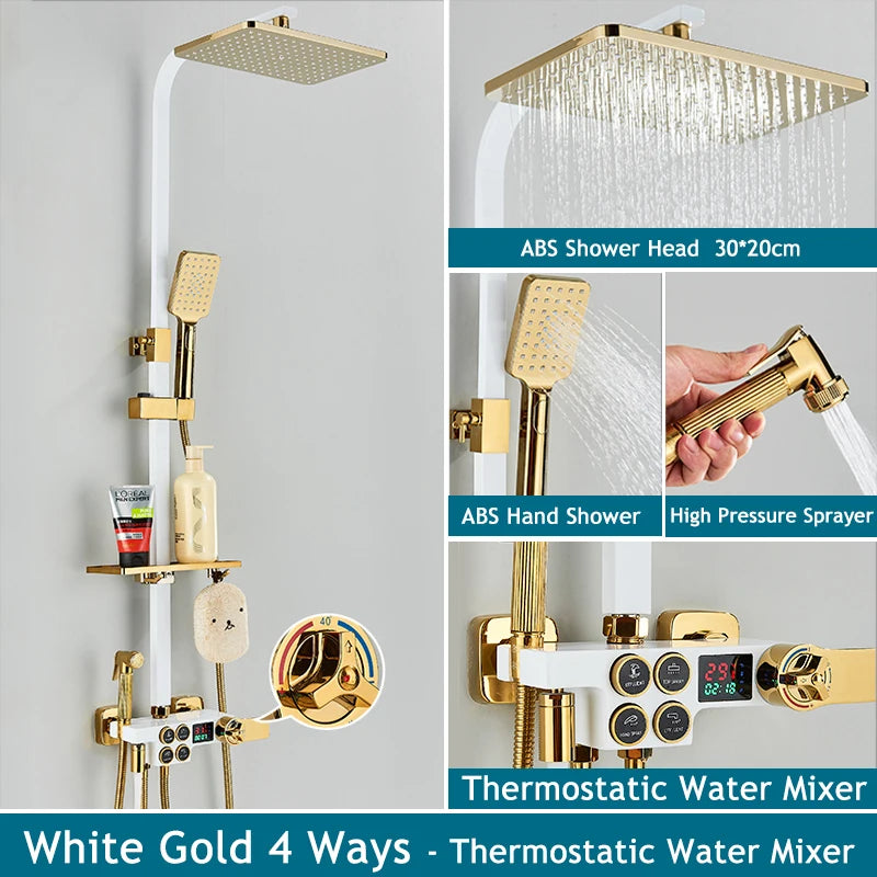 Shinesia Thermostatic Shower System Set Digital Display Rainfall Shower Faucet Mixer Bathroom Bathtub Tap With Shelf White/Black