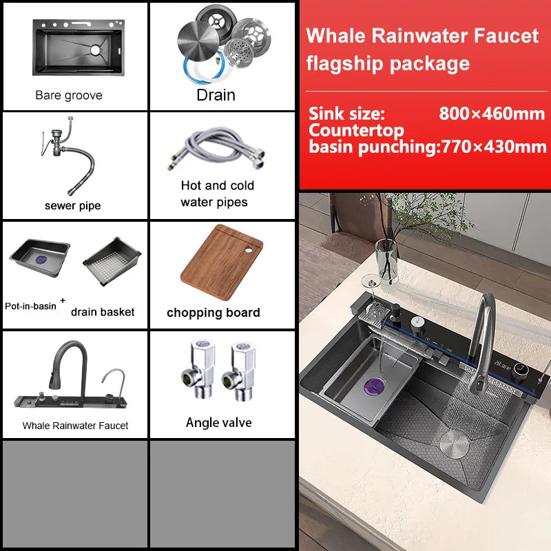 Waterfall Kitchen Sink Stainless Steel Extra Large Single Slot Cup Washer Embossed Digital Display Multifunctional Sinks