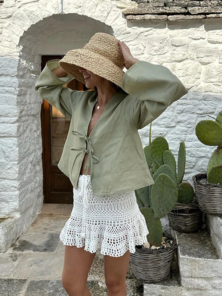 Fashion V-neck Lace-up White Shirt Women Blouses Casual Long-sleeved Loose Tops 2024 Spring Female Chic Office Ladies Outwear