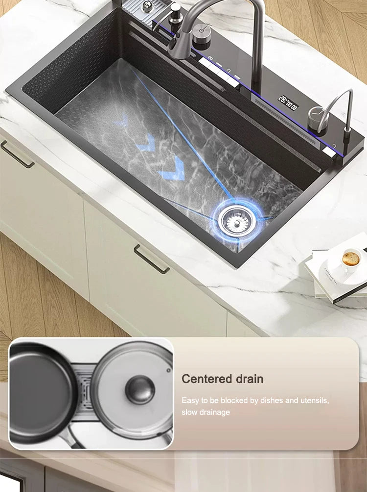 Waterfall Kitchen Sink Stainless Steel Extra Large Single Slot Cup Washer Embossed Digital Display Multifunctional Sinks