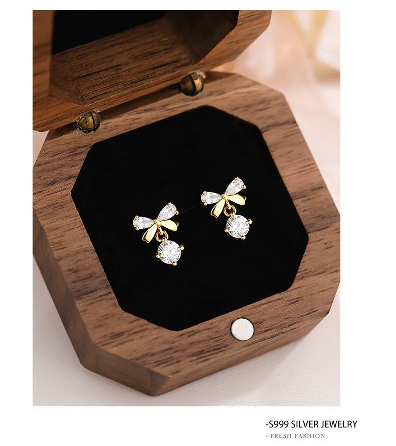 Real 925 Sterling Silver Fashion Romantic Delicate Zircon Bow Stud Earrings For Women Wedding Fine Jewelry