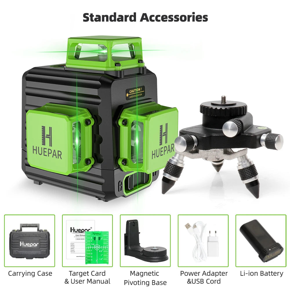 Huepar 12 Lines 3D Green Laser Level Horizontal And Vertical Cross Lines Auto Self-Leveling With Hard Case, Indoors and Outdoors