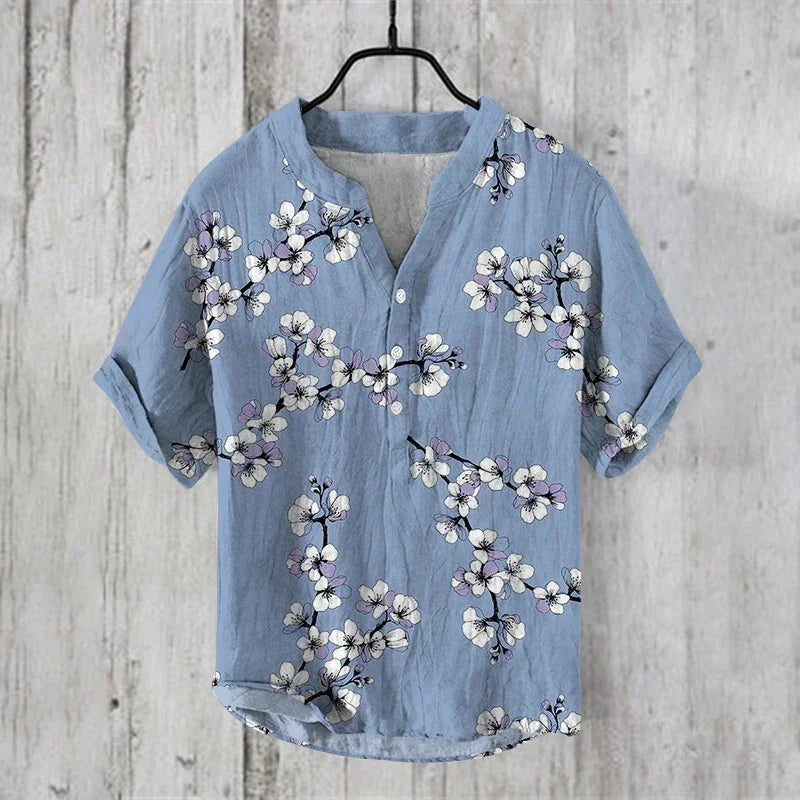 Henry Shirt Retro Fashion Trend Button Cardigan Shirt Men's Summer V-Neck Shirt 3D Printed Men's Short Sleeve Top