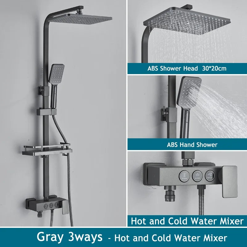 Shinesia Thermostatic Shower System Set Digital Display Rainfall Shower Faucet Mixer Bathroom Bathtub Tap With Shelf White/Black