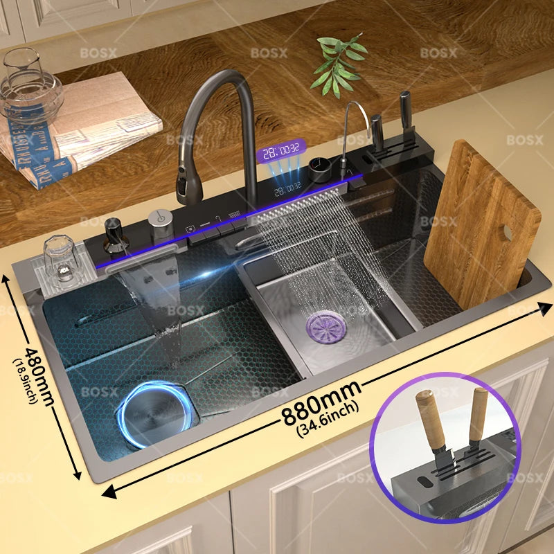 Waterfall Kitchen Sink Stainless Steel Extra Large Single Slot Cup Washer Embossed Digital Display Multifunctional Sinks