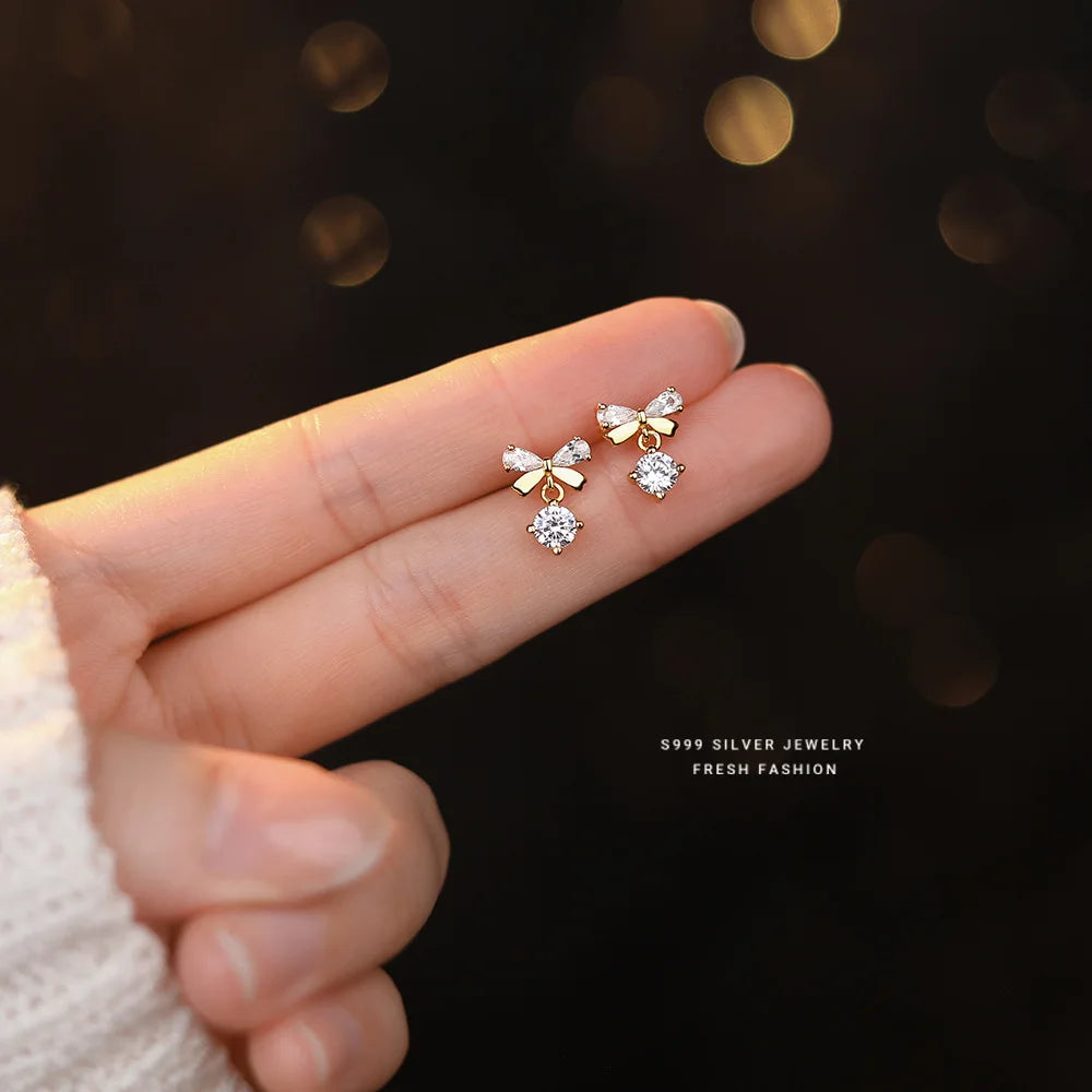 Real 925 Sterling Silver Fashion Romantic Delicate Zircon Bow Stud Earrings For Women Wedding Fine Jewelry