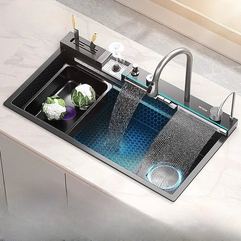 Waterfall Kitchen Sink Stainless Steel Extra Large Single Slot Cup Washer Embossed Digital Display Multifunctional Sinks