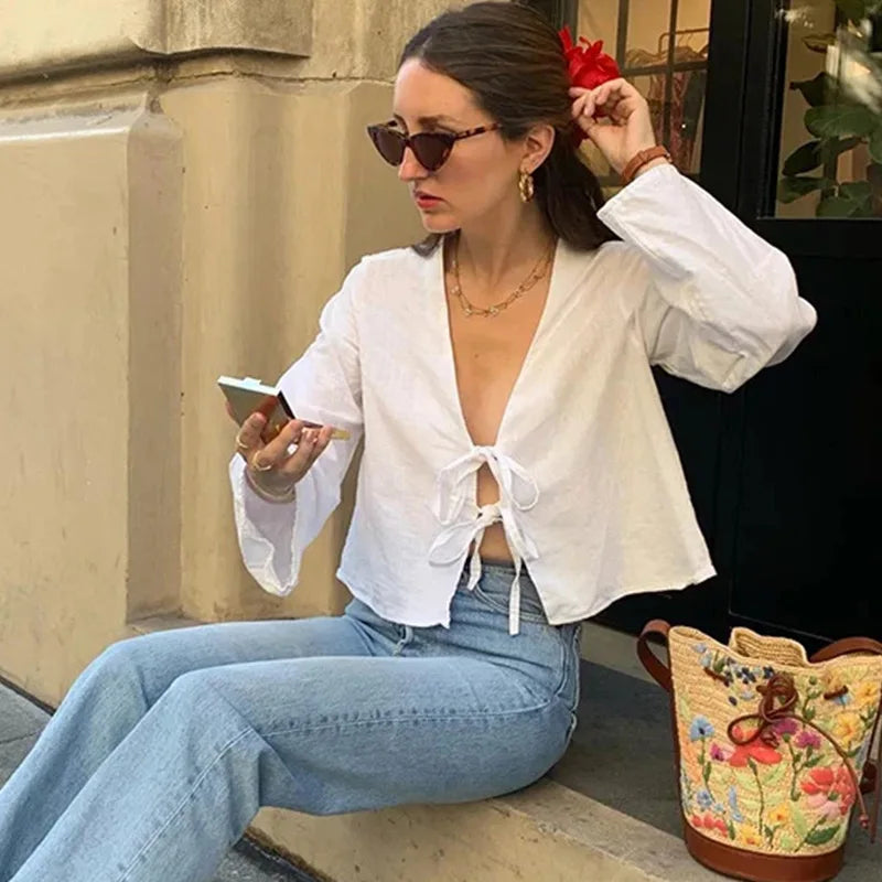 Fashion V-neck Lace-up White Shirt Women Blouses Casual Long-sleeved Loose Tops 2024 Spring Female Chic Office Ladies Outwear
