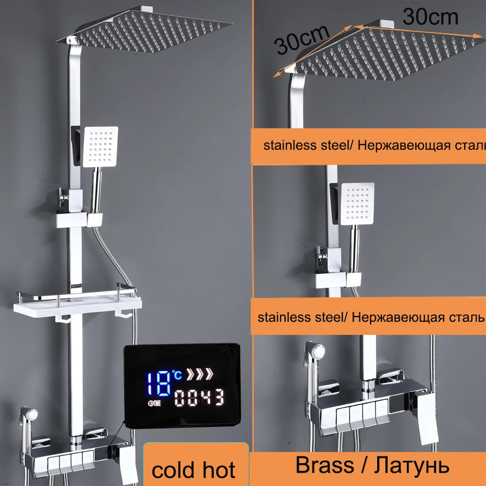 Display Thermostatic Shower Faucet Set Piano Butto Rainfall Bathtub Tap With Bathroom Shelf Water Flow Produces Electricity