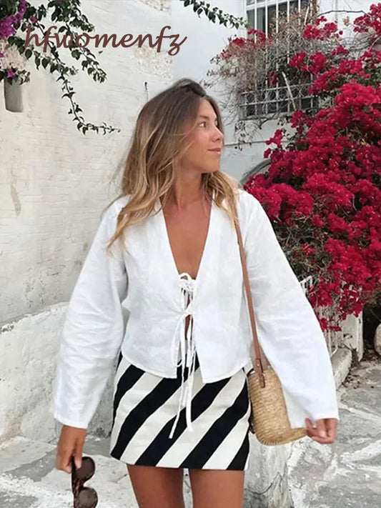 Fashion V-neck Lace-up White Shirt Women Blouses Casual Long-sleeved Loose Tops 2024 Spring Female Chic Office Ladies Outwear