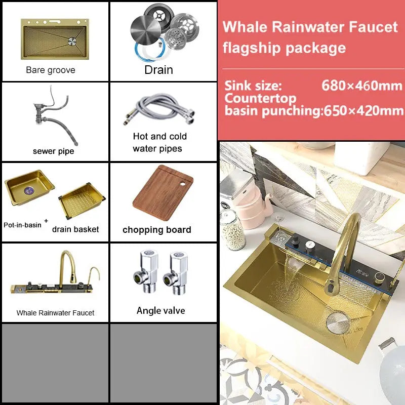 Waterfall Kitchen Sink Stainless Steel Extra Large Single Slot Cup Washer Embossed Digital Display Multifunctional Sinks