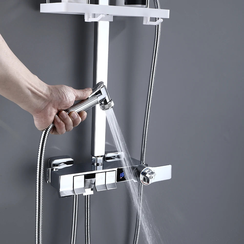 Display Thermostatic Shower Faucet Set Piano Butto Rainfall Bathtub Tap With Bathroom Shelf Water Flow Produces Electricity