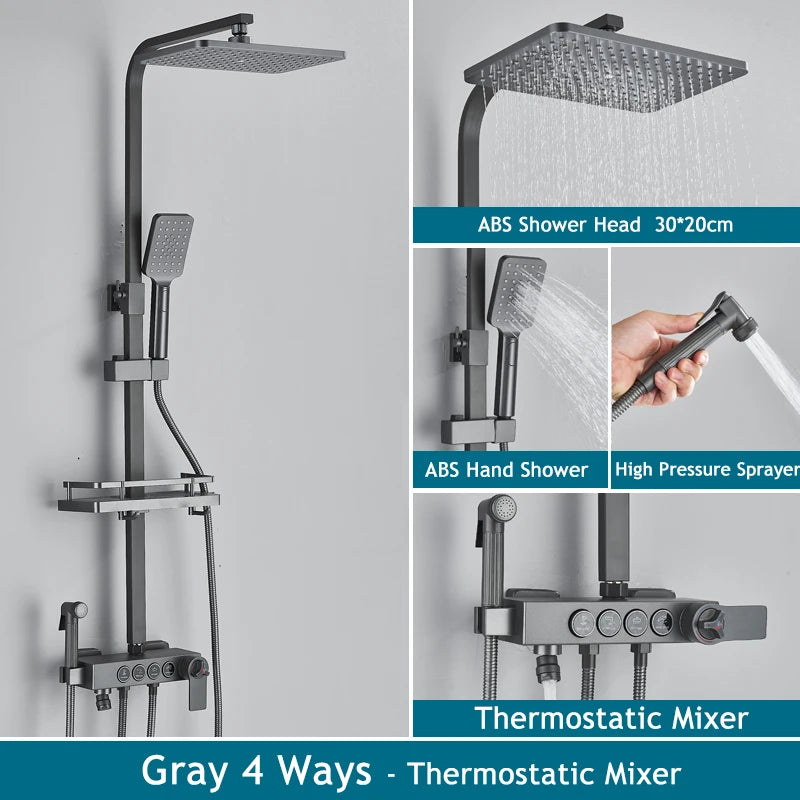 Shinesia Thermostatic Shower System Set Digital Display Rainfall Shower Faucet Mixer Bathroom Bathtub Tap With Shelf White/Black