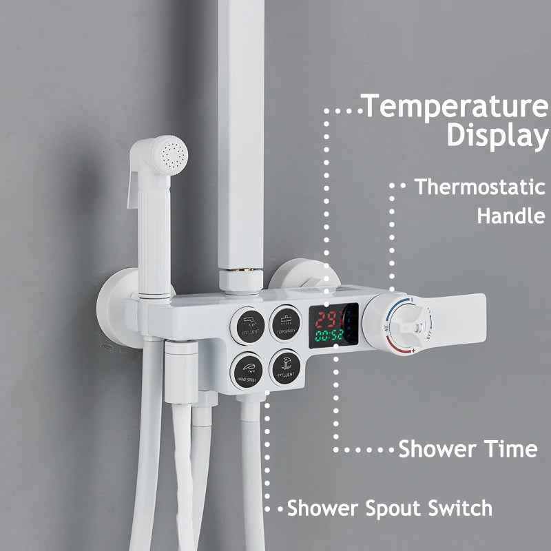 Shinesia Thermostatic Shower System Set Digital Display Rainfall Shower Faucet Mixer Bathroom Bathtub Tap With Shelf White/Black