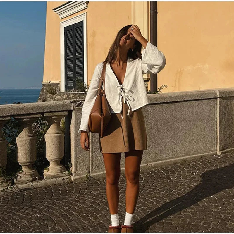 Fashion V-neck Lace-up White Shirt Women Blouses Casual Long-sleeved Loose Tops 2024 Spring Female Chic Office Ladies Outwear