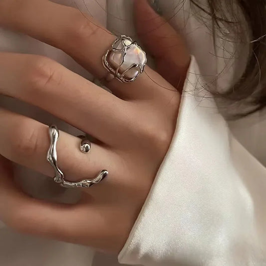 Gothic Punk Pearl Irregular Twining Rings for Women Vintage Silver Color Adjustable Ring Set Ins Style Jewelry 2024