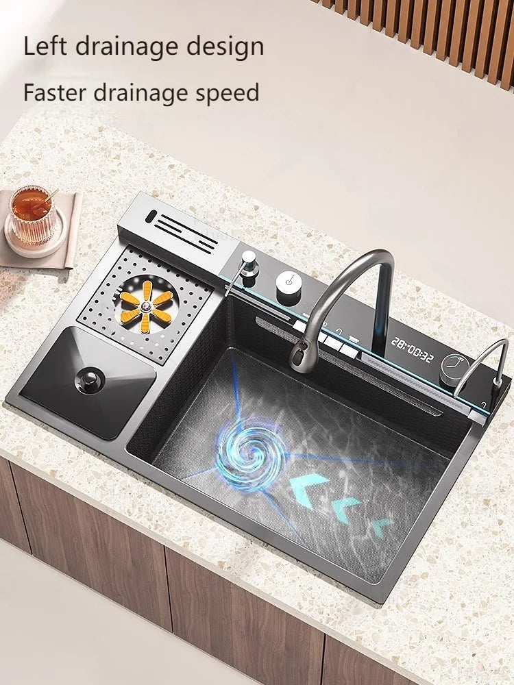 Waterfall Kitchen Sink Stainless Steel Extra Large Single Slot Cup Washer Embossed Digital Display Multifunctional Sinks
