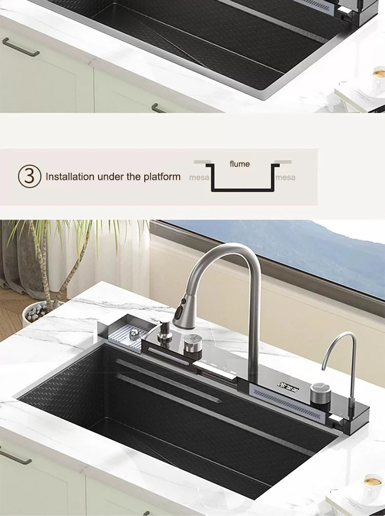 Waterfall Kitchen Sink Stainless Steel Extra Large Single Slot Cup Washer Embossed Digital Display Multifunctional Sinks
