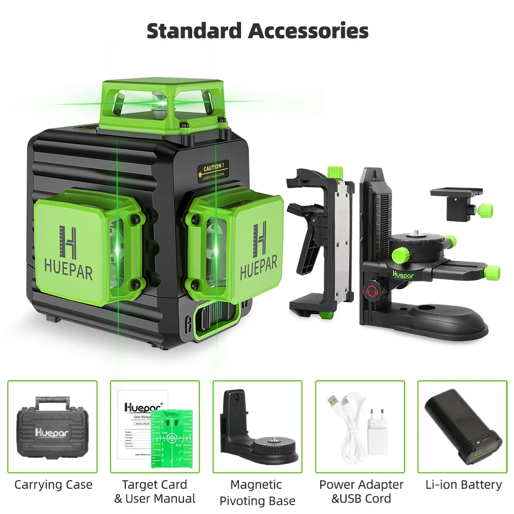 Huepar 12 Lines 3D Green Laser Level Horizontal And Vertical Cross Lines Auto Self-Leveling With Hard Case, Indoors and Outdoors