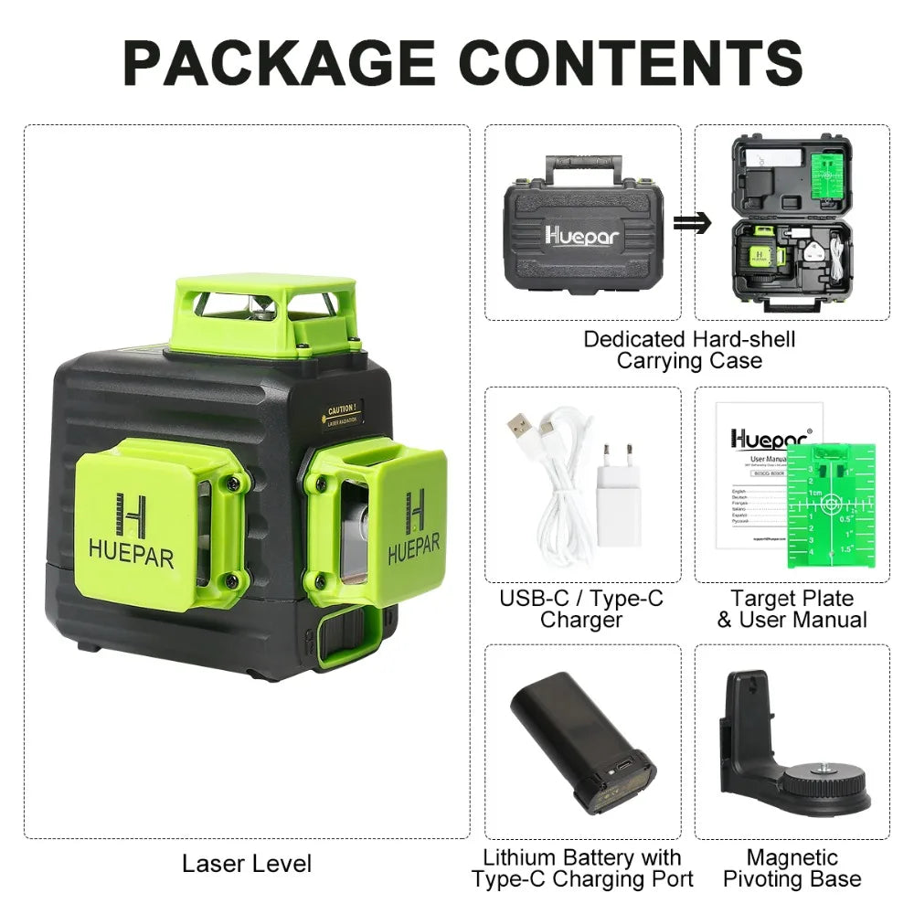 Huepar 12 Lines 3D Green Laser Level Horizontal And Vertical Cross Lines Auto Self-Leveling With Hard Case, Indoors and Outdoors