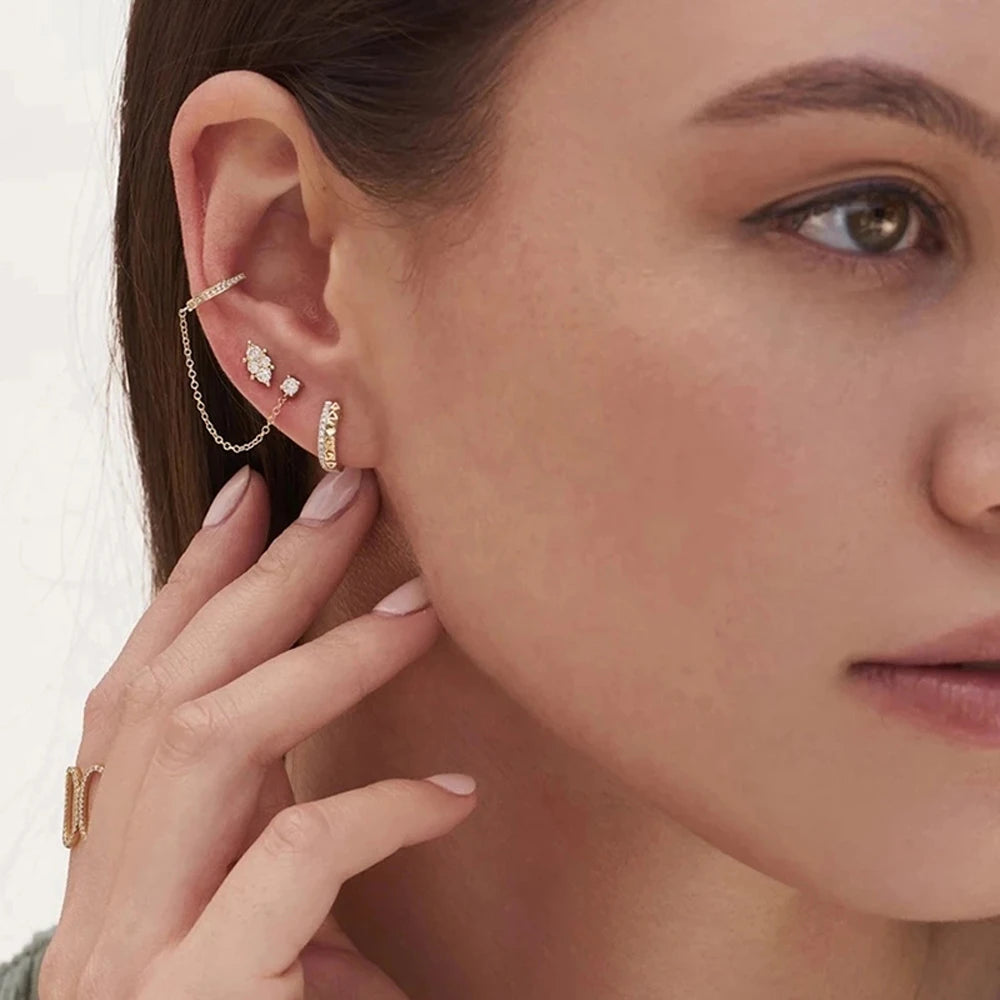 Aide 1pc 925 Sterling Silver Shimmering Clear CZ Zircon Ear Cuff With Chain Tassel Stud For Women Gift Cartilage Clip Earrings