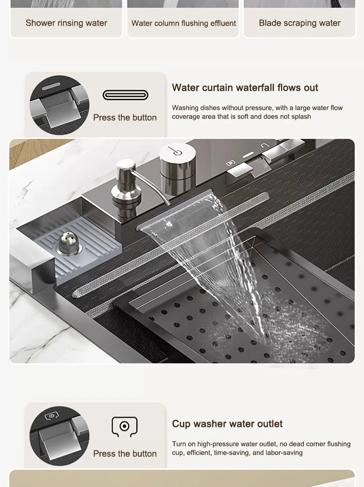 Waterfall Kitchen Sink Stainless Steel Extra Large Single Slot Cup Washer Embossed Digital Display Multifunctional Sinks