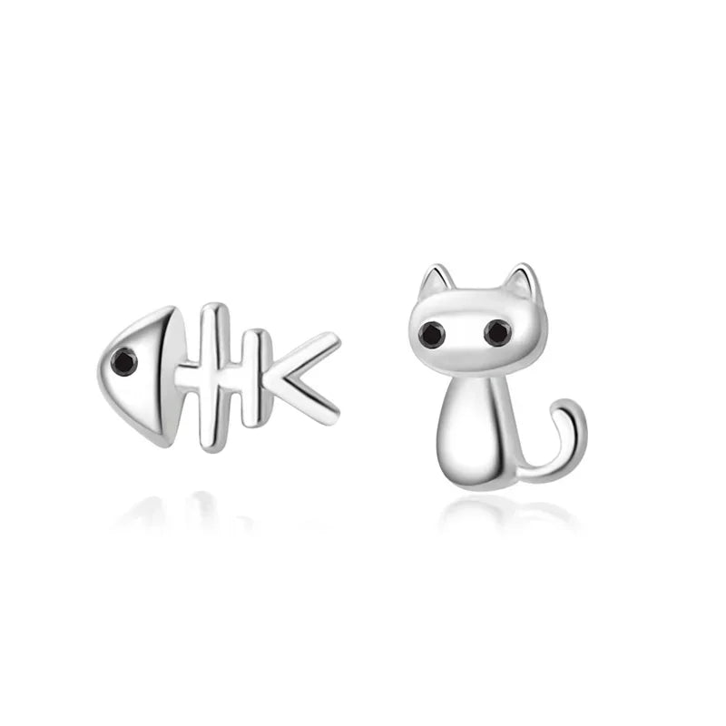 Trustdavis Genuine 925 Sterling Silver Sweet Asymmetric Cat Fish Bone CZ Stud Earrings For Women Wedding Jewelry DS2174