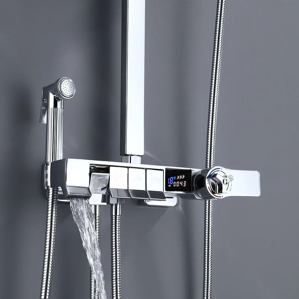 Display Thermostatic Shower Faucet Set Piano Butto Rainfall Bathtub Tap With Bathroom Shelf Water Flow Produces Electricity