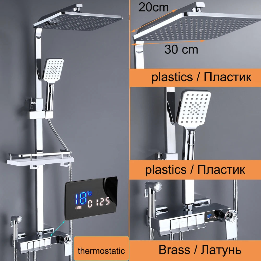 Display Thermostatic Shower Faucet Set Piano Butto Rainfall Bathtub Tap With Bathroom Shelf Water Flow Produces Electricity