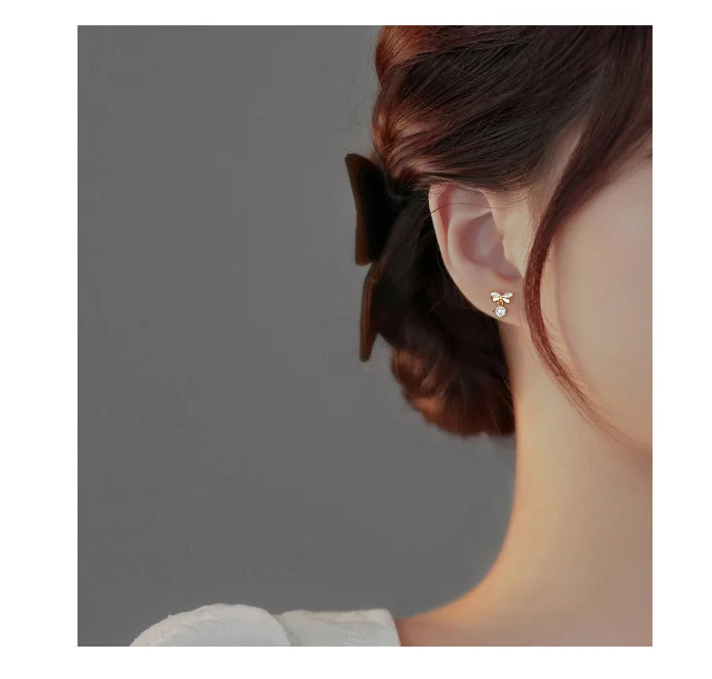 Real 925 Sterling Silver Fashion Romantic Delicate Zircon Bow Stud Earrings For Women Wedding Fine Jewelry