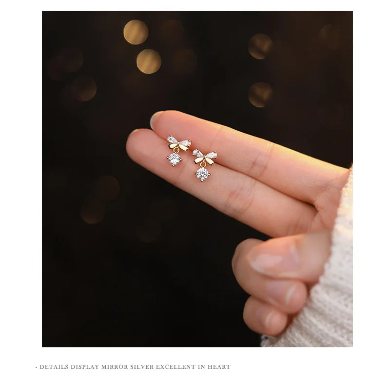 Real 925 Sterling Silver Fashion Romantic Delicate Zircon Bow Stud Earrings For Women Wedding Fine Jewelry