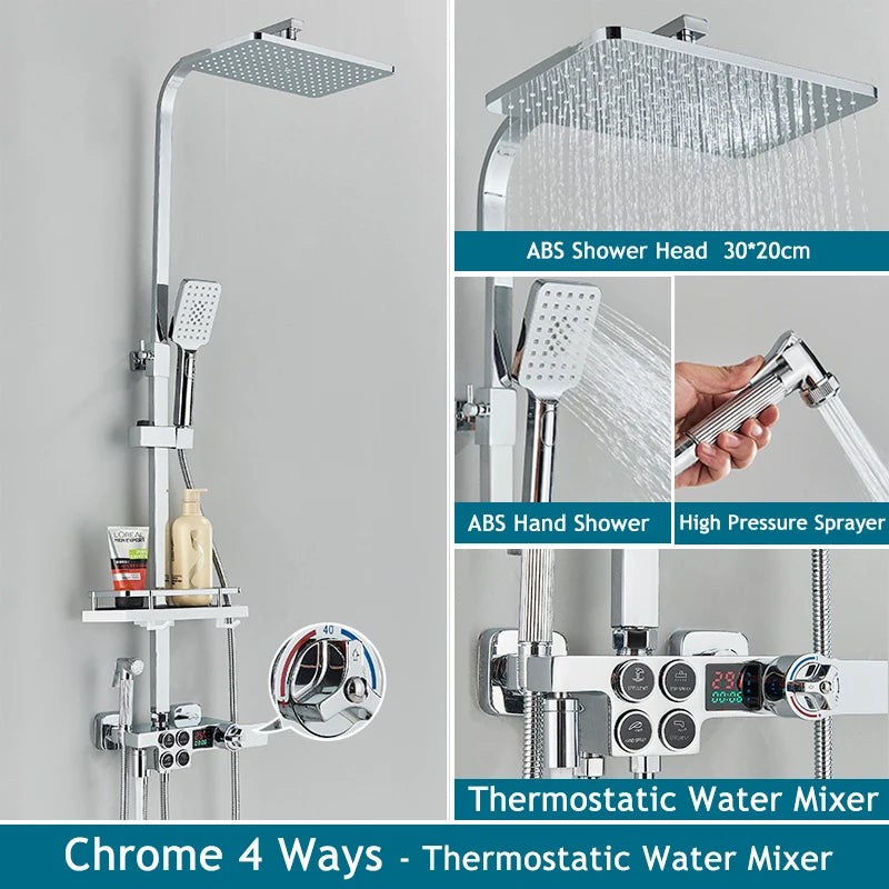 Shinesia Thermostatic Shower System Set Digital Display Rainfall Shower Faucet Mixer Bathroom Bathtub Tap With Shelf White/Black