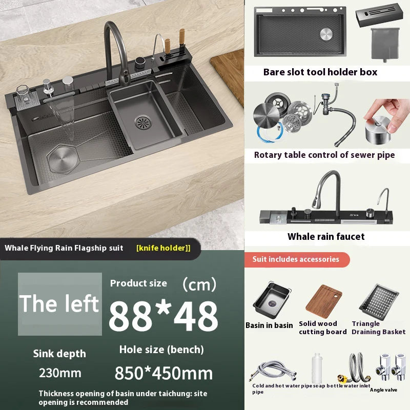 Waterfall Kitchen Sink Stainless Steel Extra Large Single Slot Cup Washer Embossed Digital Display Multifunctional Sinks
